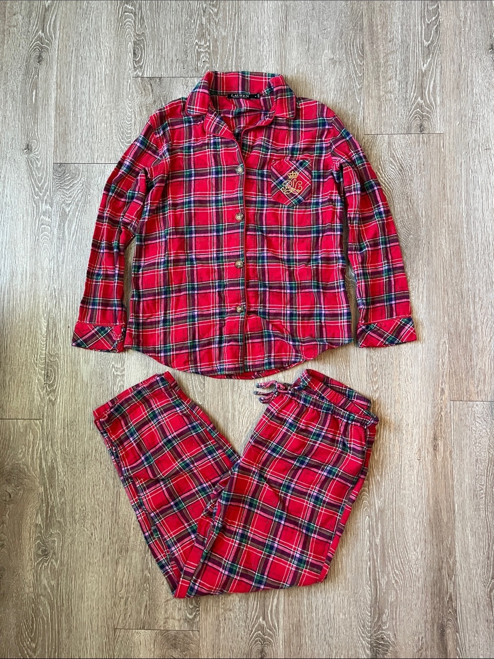 Ralph Lauren Red Green Plaid  Pajama Set button up size medium pjs flannel